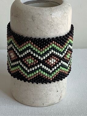 Black Beaded Cuff Bracelet with Green and Copper Accents